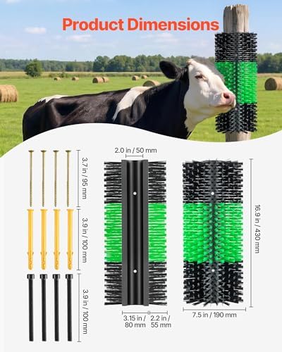 VEVOR Livestock Scratching Brush, 1PC Goat Scratcher Brush Post with 4 Screws, 16.9" x 7.5" Cow Scratcher for Back Itch Relief, Massage Grooming Scratch Tool for Horse Cattle Sheep Pig, Green & Black