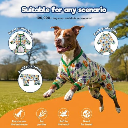 LovinPet Large Dog Pajamas Bodysuit, Dog Shirt, Big Hippo Green Print, 2XL