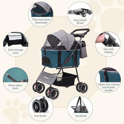 2-in-1 Foldable Pet Stroller 4-Wheel for Small Dogs & Cats,Black+Green