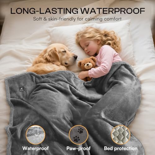 Luciphia Waterproof Bed Blanket Washable,Soft Sherpa Fleece Puppy Reversible Throw Blankets for Small Dog Cat,Furniture Cover Protector Couch Bed from Liquid Pee and Pet Fur, Light Grey, 40" x 28"