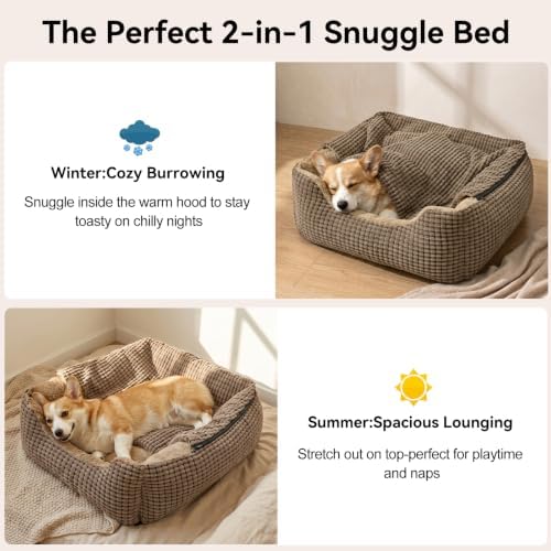 GASUR Dog Beds for Large Medium Small Dogs, Rectangle Cave Hooded Blanket Puppy Bed, Luxury Anti-Anxiety Orthopedic Cat Beds for Indoor Cats, Warmth and Machine Washable(25 inches, Brown)
