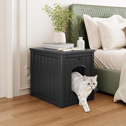 Cat Litter Box Enclosure, Plastic Outdoor Cat House Weatherproof, Multi-Functional Hidden Litter Box Furniture for Living Room, Backyard, Patio, Black