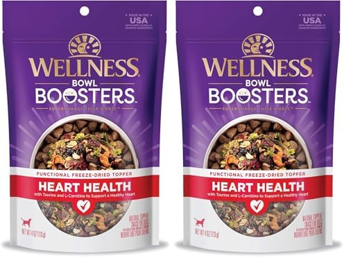 Wellness Bowl Boosters Heart Health Dog Food Topper with Freeze Dried Pieces for Small, Medium, and Large Breeds, Grain Free, Natural, Chicken Recipe, 4 oz Bag (Pack of 2)