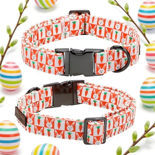 Easter Dog Collar, Orange Carrot Rabbit Print Pet Collars Cute Durable Metal Buckle Girl and Boy Dog Collars Adjustable for Small Medium Large Dogs