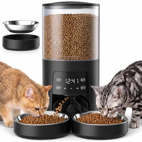 DUMOS 6L Automatic Cat Feeder for 2 Cats, Timed Pet Food Dispenser, Black