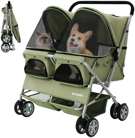 Double Pet Stroller for 2 Small Dogs & Cats, Side-by-Side Twin Travel Carriage with Safety Leashes, Mesh Windows & Double Storage Baskets, Lightweight & Foldable, 44lbs Capacity, Green