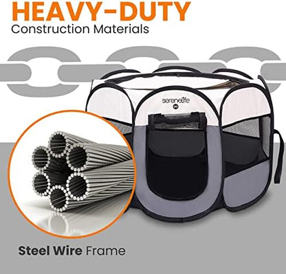 SereneLife On-The-Go Foldable Portable Pet Tent 8-Panel Playpen for Dog & Cat w/Food/Water Bowl, Mesh Exercise Puppy Playground, Pet House Indoor & Outdoor, Travel & Camping Pet Kennel (Grey, Medium)