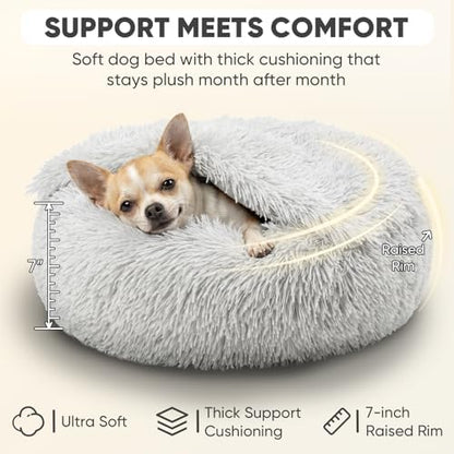 Himax Small Cat & Dog Bed with Cover, Calming Dog Bed for Small Dogs,Anti-Anxiety Donut Dog Bed with Attached Blanket,Washable Round Fluffy Pet Bed (20"/26"/35"), Light Grey