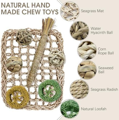 Hamiledyi Rabbit Seagrass Activity Mat Bunny Toy Hanging Rabbit Chew Toys for Teeth Enrichment Toys Seagrass Protector Mat Small Animal Toys for Chinchilla Guinea Pig Hamster Rat Rodent