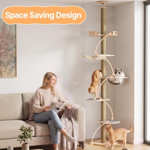 Floor to Ceiling Cat Tree Tower, 5T Adjustable Height 114-127.95”