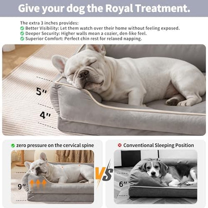 FAIRYPET Orthopedic Dog Bed for Medium to Large Dogs & Cats, Memory Foam Dog Bed with Washable Removable Cover, Top-Grade Dutch Velvet Fabric Pet Sofa Couch for Crate with Nonskid Bottom, Grey