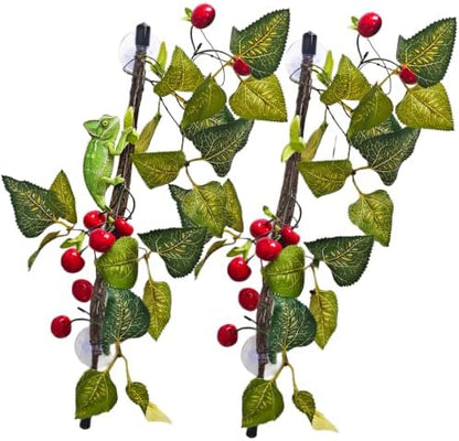 BNOSDM 2PCS Reptile Climbing Branch, Bendable Jungle Vine with Leaves Terrarium Plant Decoration with Suction Cup Chameleon Cage Accessories for Gecko Lizard Bearded Dragons Snake (Cherry)
