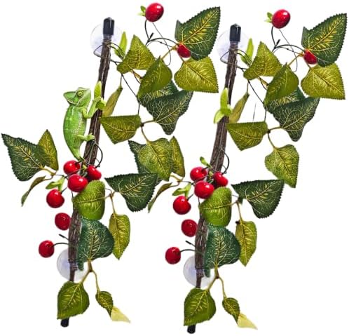 BNOSDM 2PCS Reptile Climbing Branch, Bendable Jungle Vine with Leaves Terrarium Plant Decoration with Suction Cup Chameleon Cage Accessories for Gecko Lizard Bearded Dragons Snake (Cherry)