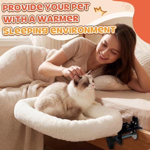 Lewtemi Bedside Pet Bed, Hanging Cat Hammock Attached to Bed or Desk, Cream