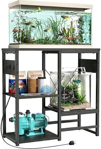 GRLEAF 5-10 Gallon Fish Tank Stand with Power Outlets, 4 Tier Metal Aquarium Stand with Wood Storage Shelves, 20.3" L x 10.6" W x 30.3" H Turtle Reptile Fish Tank Table Aquarium Table - Black
