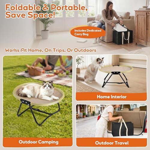 Foldable Elevated Cat Bed, Lightweight Hammock Cot, Natural Linen