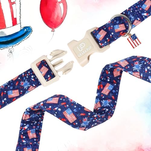 American Flag Dog Collar, 4th of July Cotton Patriotic Pet Collar, Adjustable Durable Quick Release Buckle with Charm for Small Medium Large Dogs