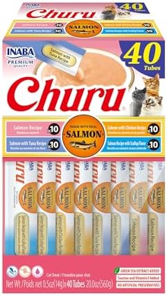 INABA Salmon Churu Cat Treats, Lickable, Squeezable Creamy Purée Cat Treat with Green Tea Extract & Taurine, 0.5 Ounces Each Tube, 40 Tubes, Salmon Variety Box