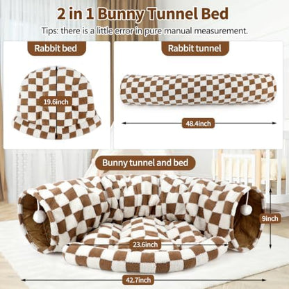 BWOGUE Bunny Tunnel Bed, Brown Plaid 2-in-1 Rabbit Tunnel Hideout with Mat