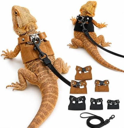 3 Pack Bearded Dragon Harness and Leash Set - Adjustable Soft Leather Vest with 6.89FT Retractable Lead, Escape-Proof Lizard Walking Harness for Reptiles, Squirrels & Small Pets (Brown)