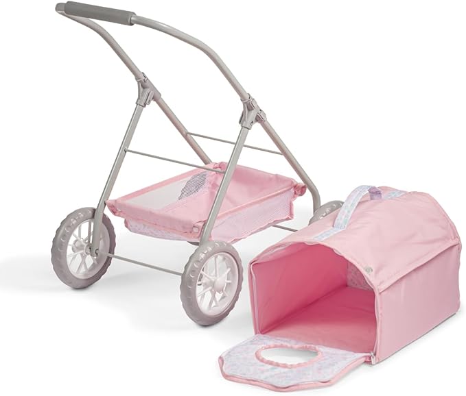 JC Toys - Berenguer Boutique | Deluxe Folding Pet Stroller | Pink Floral Collection | Removable Pet Carrier for Dolls and Plush | Ages 3+