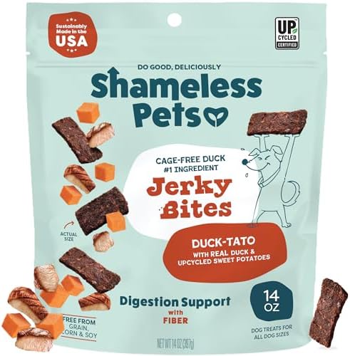 Shameless Pets Jerky Bites Treats, Duck-Tato - Healthy Dog Chews for Digestion Support with Fiber - Dog Treats with Real Cage-Free Duck - Free from Grain, Corn & Soy - 14 oz