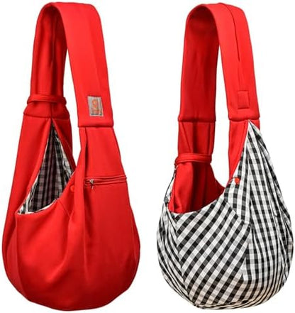 Tomkas Small Dog Cat Sling Carrier Puppy Purse Travel Wrap Soft Crossbody Pet Bag (Red, M - Zip Pocket & Classic Strap)