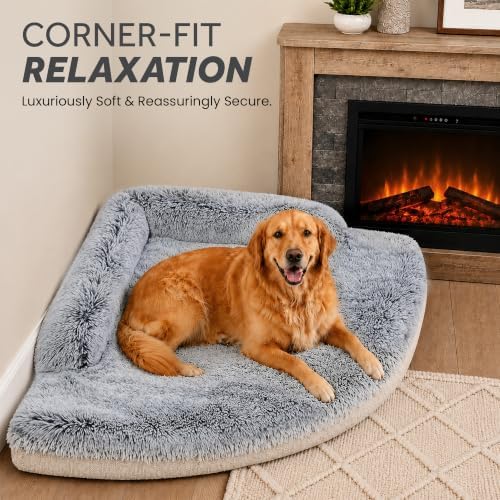 Corner Dog Bed XL, 42" Calming Fluffy Orthopedic Pet Beds, Beige