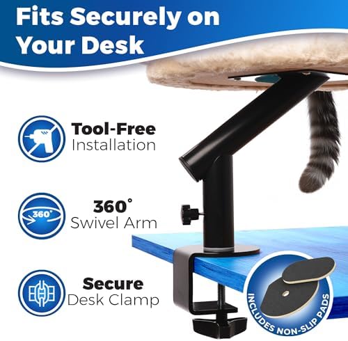 PetLovers Cat Desk Bed - Plush Elevated Desk Bed Attachment with Removable Washable Cushion, 360° Swivel Arm, Secure Clamp - Keeps Your Pet Close While You Work or Play