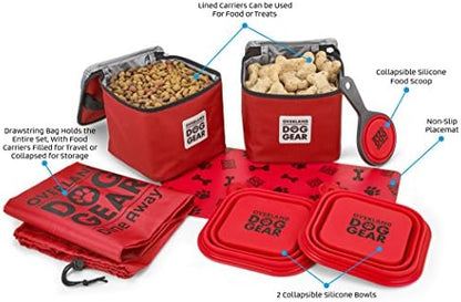 Mobile Dog Gear, Dine Away Dog Travel Bag for Medium and Large Dogs, Includes Lined Food Carriers and 2 Collapsible Dog Bowl, Collapsible Scooper and Placemat, Red