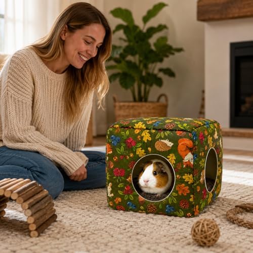 Guinea Pig Hideout House with Removable Cushion, Washable Small Animal Cube Bed, Cozy Bunny Hideaway for Guinea Pigs, Chinchillas, Hedgehogs, Hamsters & Dwarf Rabbits