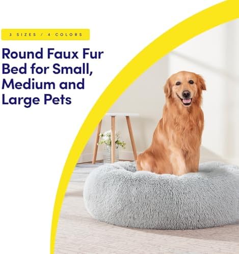Dog & Cat Bed: Round Faux Fur Pet Bed - Plush, Cozy, & Calming Donut Bed for Large Pets - Soft & Comfortable Sleeping Cushion for Napping & Lounging, 30" Round, Silver