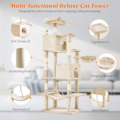 Large 66 Inch Cat Tree Tower with Sisal Scratching Post