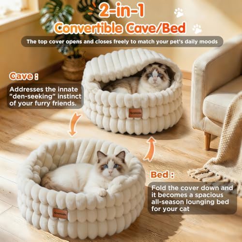 Cat Cave Bed for Indoor Cats Covered 2 in 1 Pet Burrow Beds (Beige)