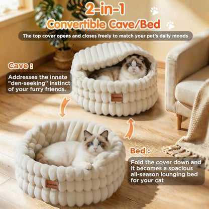 Cat Cave Bed for Indoor Cats Covered 2 in 1 Pet Burrow Beds (Beige)