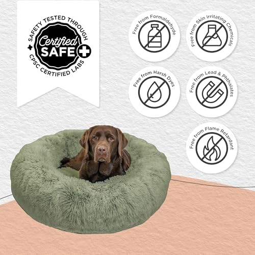 Best Friends by Sheri The Original Calming Donut Dog Bed for Large Dogs up to 100 lbs, Shag Faux Fur, Sage Green, Large, 36" x 36"