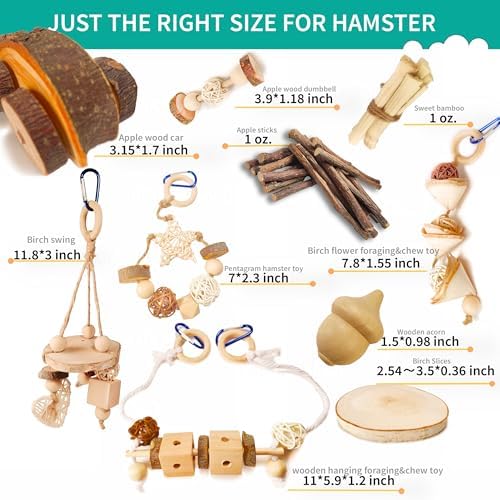 12 PCs Hamster Toys for Hamster, Gerbils, Mice, Rats, and Other Small Animals - Natural Molar Chew Toys to Promote Teeth Grinding, Reduce Boredom and Anxiety