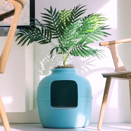 Good Pet Stuff Original Hidden Litter Box Planter, Decorative Cat Litter Enclosure with Carbon Filter, Artificial Palm Plant, Upgraded Design, Easy Clean Litter Tray, Essentials Kit, Caribbean Blue