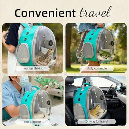 Reptile Travel Backpack Carrier with Reptile Thermometer and Humidity Gauge & Harness Leash Lizard Travel Cage Space Capsule Clear Bubble Window Astronaut Bearded Dragon Bag for Ball Python