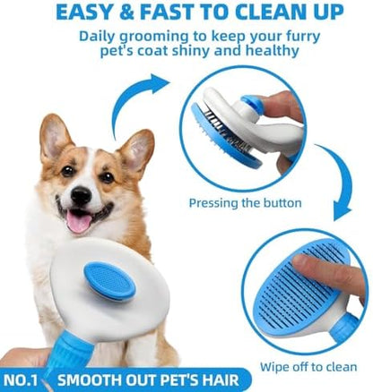 Bath Grooming Kit with Hair Brush, Towel & Scrubber Gloves - 6-in-1 Slicker Brush for Shedding Dogs & Cats, Blue