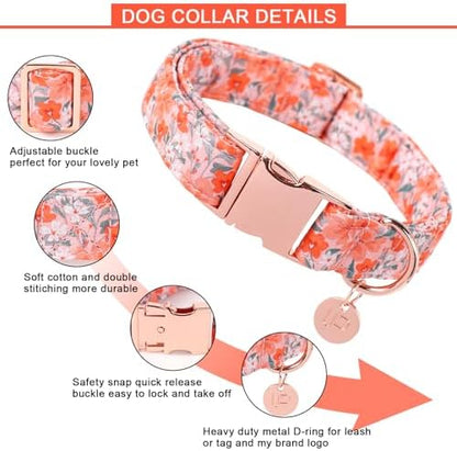 Dog Collar for Summer,Orange Flower Dog Collar,Cotton Puppy Collar with Adjustable Buckle for Small,Medium,Large Girl Boy Dog