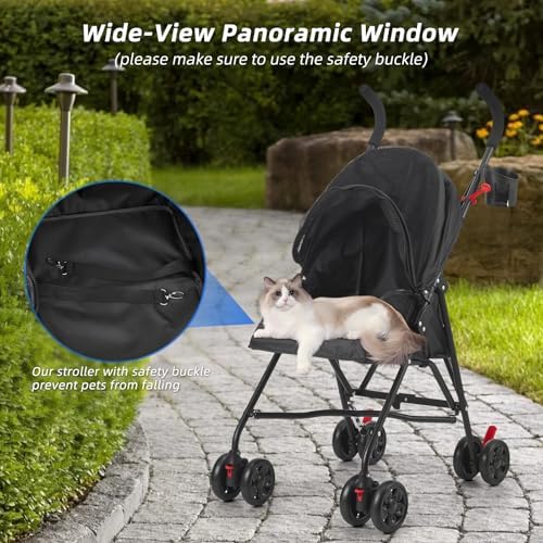 Pet Stroller Oxford Cloth Foldable Dog Strollers for Small Dogs and Cats Suitable for All Road Surfaces Wide-View Panoramic Window 4 Wheels with Brakes Portable Design, Easy to Store (Black)