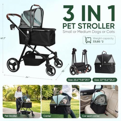3-in-1 Foldable Pet Stroller for Dogs/Cats