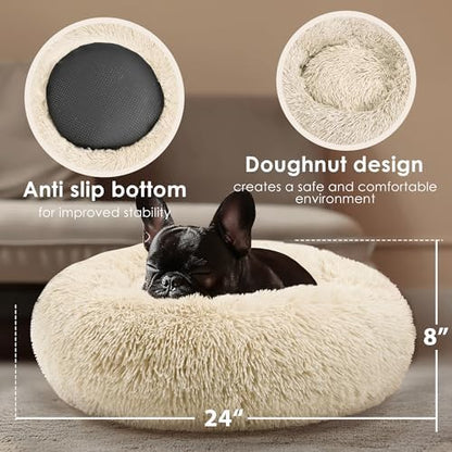 Dogs Bed for Small Dogs, Anti-Anxiety Washable Round Bed (24in Light Brown)