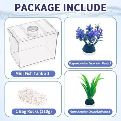 MoonOrange Mini Betta Fish Tank, Small Fish Bowl for Temporary Space, 0.2 Gallon Stackable Cube Tank with Artificial Plants and Gravels for Small Fish, Insect, Shrimp, Crab, Spider. (Pack-1)