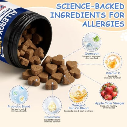 Dog Allergy Chews, Itchy Skin & Paw Licking Support, Probiotics for Dogs, Immune & Gut Health, Seasonal Allergy Formula, Skin & Coat Health, Chicken Flavor Soft Chews, 200 Ct, BlueRed