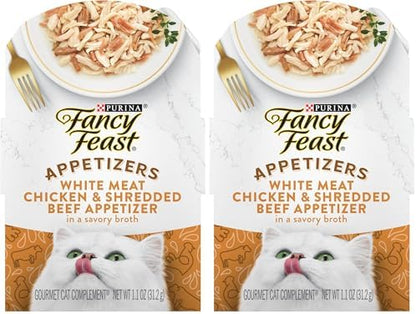 Fancy Feast Purina Appetizers Lickable Grain Free Cat Food Topper White Meat Chicken and Shredded Beef Appetizer - 1.1 oz. Trays,(Pack of 20)
