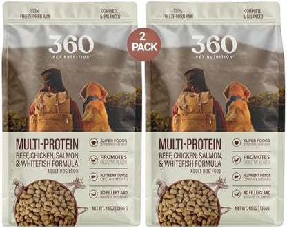 360 Pet Nutrition Freeze-Dried Raw Dog Food – Multi-Protein with Beef, Chicken, Fish & Organs, High Protein, Omega-3s, Fruits, Veggies & Superfoods, Grain-Free, No Fillers 2 x 48 oz Made in USA