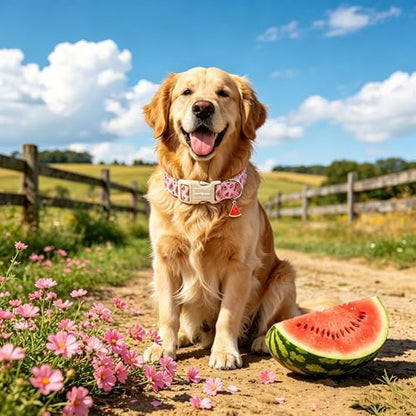 Lionet Paws Pink Watermelon Dog Collar Sweet Spring Summer Collars with Cute Watermelons Pattern Pendant - Female Girl Dog Collar for Small Medium Dogs XS