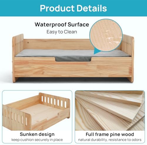 Elevated Dog Bed for Small to Medium Dogs – 32” x 21” Indoor Wooden Pet Sofa with Soft Cushion, Mid-Century Modern Style, Sturdy & Stylish (Natural)
